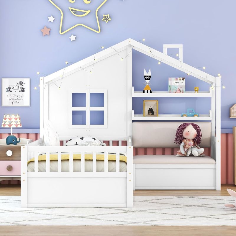 Photo 1 of Twin Size House Bed with Rails and Storage Drawers and Desk for Kids, Wood Montessori Beds with Seat and Shelves, L-Shape Playhouse Tent Corner Bed Frame for Girls Boys, White
