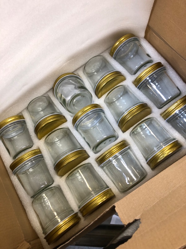 Photo 2 of 30 Clear Straight-Sided Glass Jars - 6 oz, Gold Metal Cap
