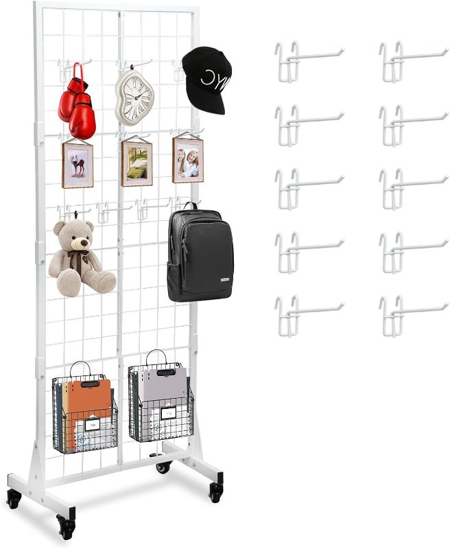 Photo 1 of 2' x 5.5' Gridwall Panel Display Stand, Grid Wall Panels Tower with T-Base Floorstanding, Extra Hooks, Detachable Grid wall Panel for Easy Transport, Display Rack for Retail and Craft Fair (White)
