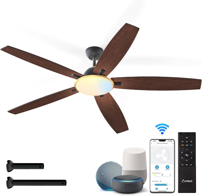 Photo 1 of  Ceiling Fan with Lights, 52 inch Smart Ceiling Fan with Remote/APP/Alexa Control, Reversible DC Motor, 5 Blades, 6 Speeds, 3CCT, Dimmable, Noiseless, Wifi Ceiling Fan for Bedroom, Farmhouse
