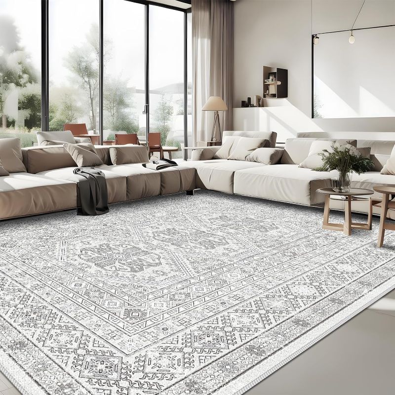 Photo 1 of Washable Living Room Area Rug: 9x12 Large Super Soft Vintage Rugs Bedroom Oriental Indoor Rug Water Resistant Ultra Thin Carpet Non-Slip Backing Distressed Rugs for Kitchen 9x12 Grey
