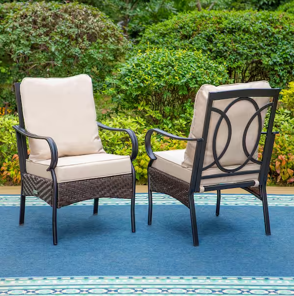 Photo 1 of Metal Frame Patio Dining Chair with Beige Thick Cushions (2-Pack)
