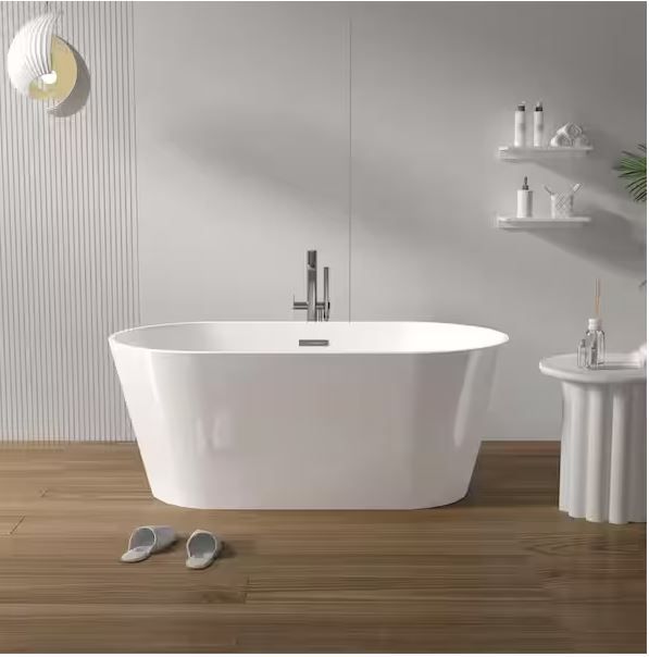 Photo 1 of 59 in. x 30 in. Acrylic Freestanding Contemporary Soaking Bathtub with Overflow and Drain in Gloss white
