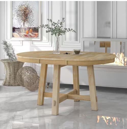 Photo 1 of Natural Wood Wash Farmhouse Round Extendable Wood Dining Table with 16 in. Leaf
