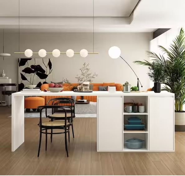 Photo 1 of FUFU&GAGA White Wood 82.7 in. W Kitchen Island Dining Table With Door Cabinets and Drawers