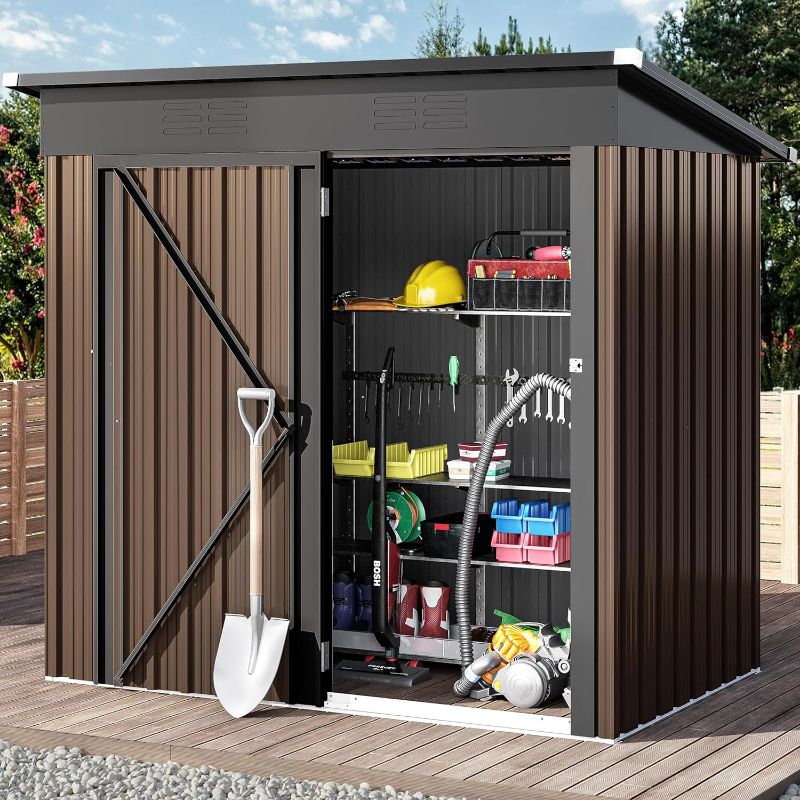 Photo 1 of DWVO Outdoor Storage Shed 5x3FT, Heavy Duty Metal Tool Sheds Storage House with Single Lockable Door & Air Vent for Garden, Patio, Lawn to Store Bikes, Trash Bins, Tools, Lawnmowers,Brown

