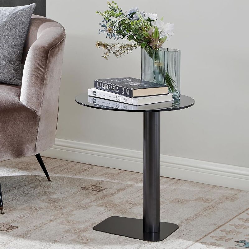 Photo 1 of Glass End Table Advanced Gray Round Side Table, Modern Style Small Coffee Table with Metal Leg for Small Spaces, Bedside Table Couch Table for Living Room,Balcony, Bedroom,Office
