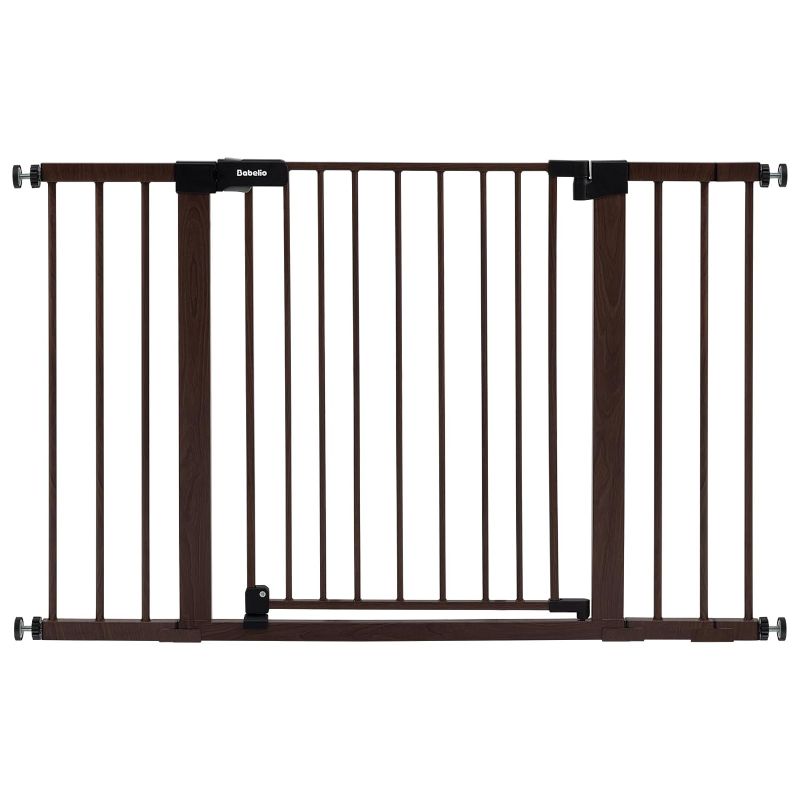 Photo 1 of BABELIO 29-48" Baby Gate with Black Wood Pattern, Auto Close Dog Gate for The House?Stairs and Doorways, Pressure Mounted Pet Gate with Door, with Y Spindle Rods
