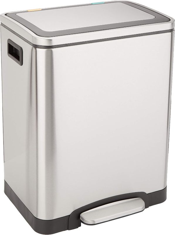 Photo 1 of Amazon Basics Dual Bin Rectangular Trash Can With Soft-Close Foot Pedal, 30 Liter (2 x 15 Liter Interior Bins), 20.5 x 13 x 15.7 Inches (H x D x W), Brushed Stainless Steel
