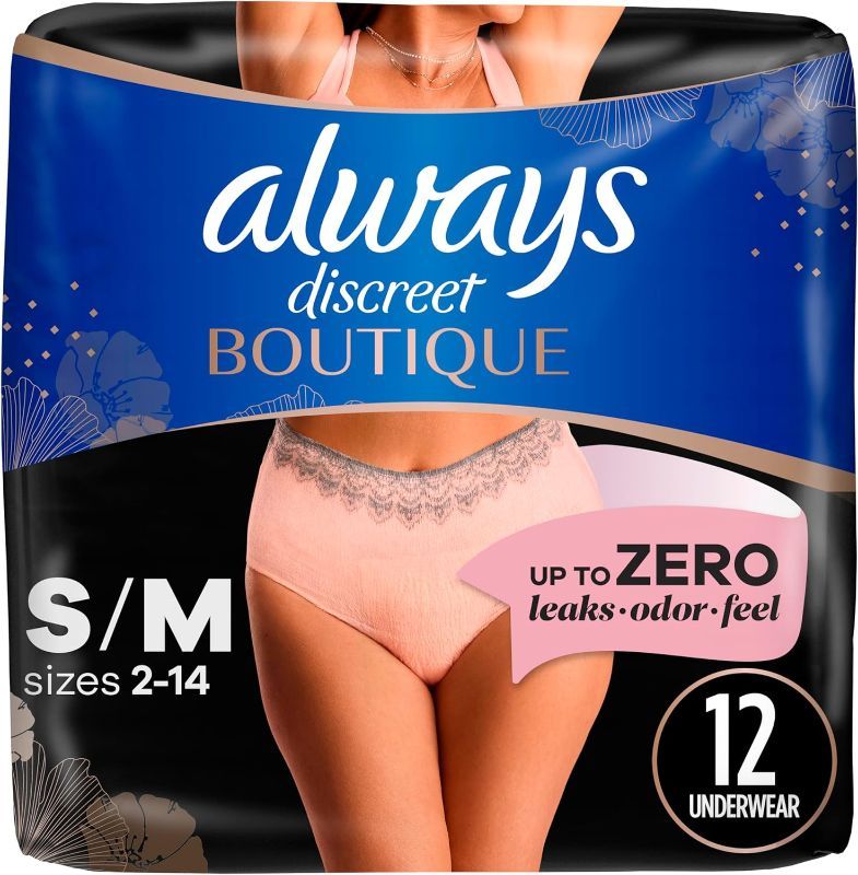 Photo 1 of Always Discreet Boutique Adult Incontinence & Postpartum Underwear For Women, High-Rise, Size Small/Medium, Rosy, Maximum Absorbency, Disposable, 12 Count 