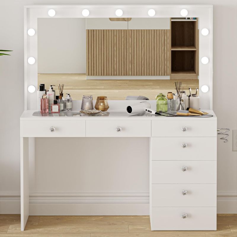 Photo 1 of Boahaus Serena LARGE Makeup Vanity with Hollywood Lights Built-in, 7 Drawers, Hollywood Mirror, Hairdryer Hanger, Glass Top, Crystal Ball Knobs, White Vanity Makeup Desk for Bedroom, 58''Hx47''Wx17''D

