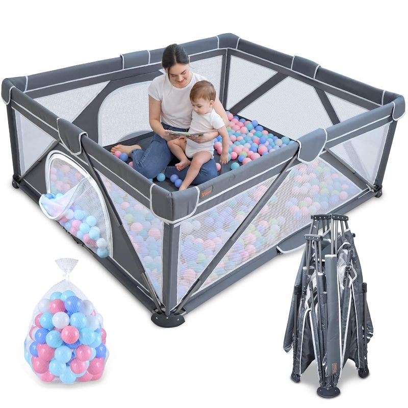Photo 1 of Foldable Baby Playpen, Yobear Large Playpen for Babies and Toddlers with 50 PCS Ocean Balls & 2 Handles, Indoor & Outdoor Kids Safety Play Pen Area, Portable Travel Play Yard (71" × 59", Dark Grey)
