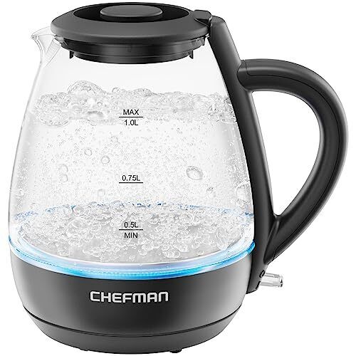 Photo 1 of Chefman 1L Electric Tea Kettle with LED Lights, Automatic Shut Off, Removable Lid, Boil-Dry Protection, Hot Water Electric Kettle Water Boiler, Electric Kettles for Boiling Water 1L - Glass Electric Kettle
