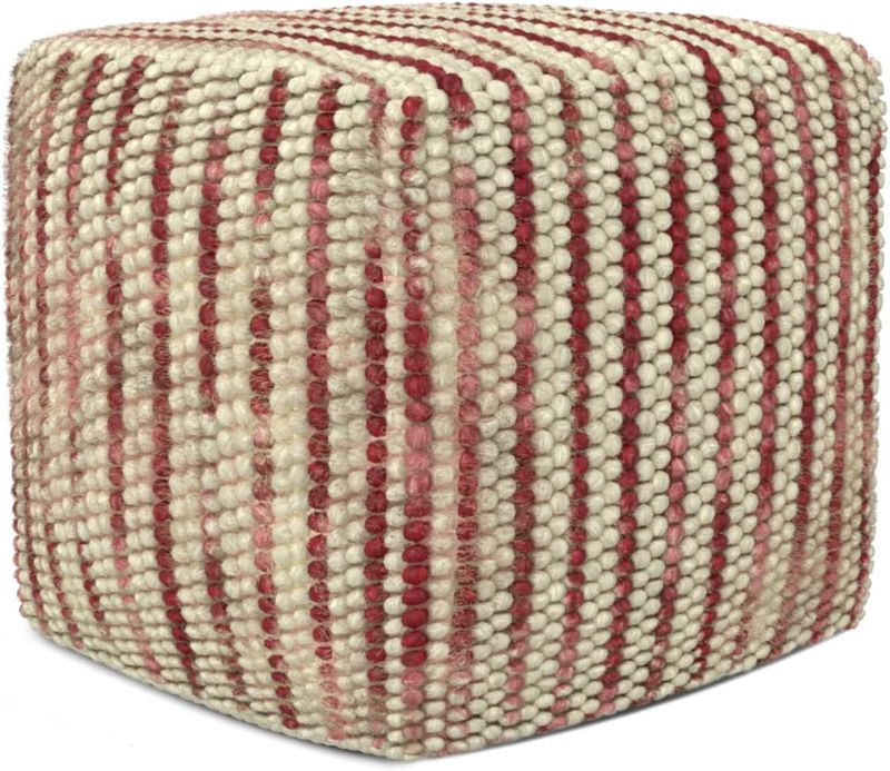 Photo 1 of SIMPLIHOME Zoey 18 Inch Boho Cube Woven Pouf in Maroon Cotton and Wool, For the Living Room, Bedroom and Kids Room
