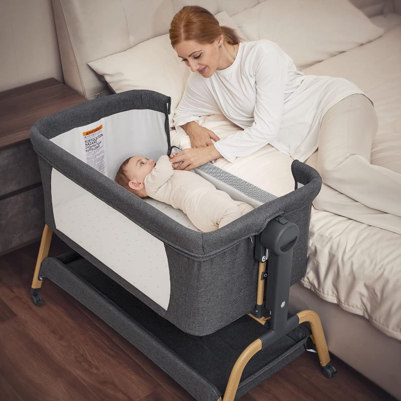 Photo 1 of ANGELBLISS 3 in 1 Baby Bassinet, Rocking Bassinets Bedside Sleeper with Comfy Mattress and Wheels, 6 Height Adjustable Easy Folding Portable Bedside Crib for Newborn Infant
