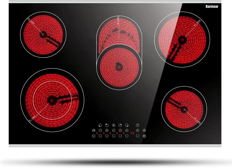 Photo 1 of Karinear 8400W 30 Inch Electric Cooktop 5 Burners Ceramic Cooktop, Drop-in Electric Radiant Cooktop with Front and Back Metal Frame, Child Lock, Timer, 220-240V, Hard Wire, No Plug 5-Zones