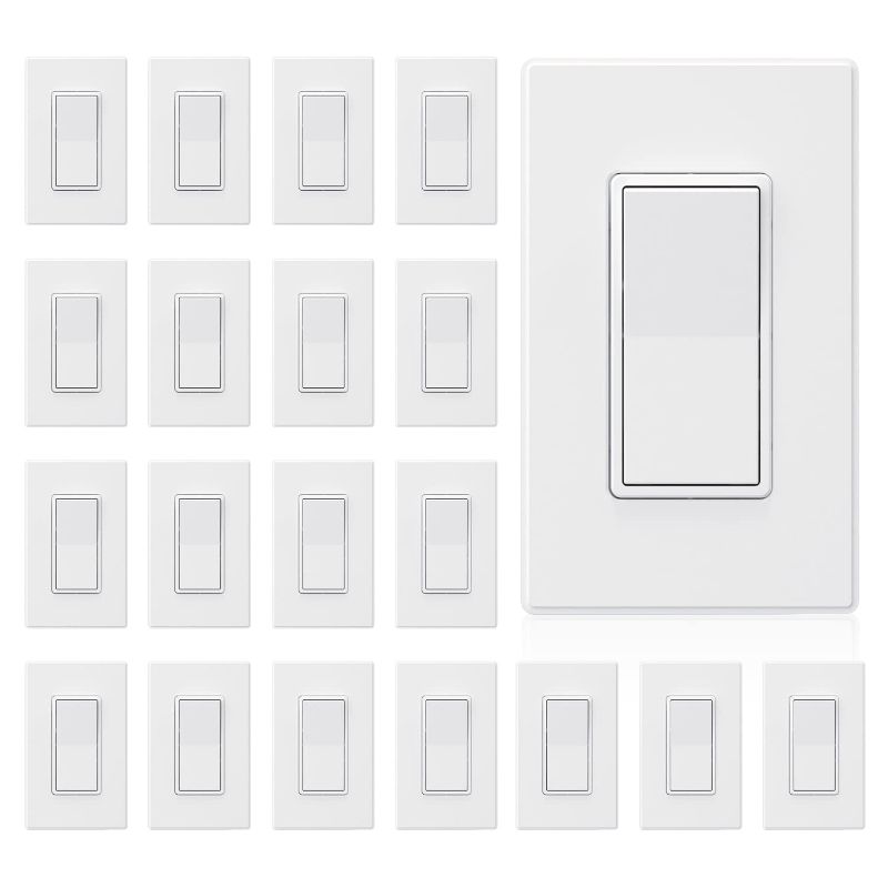 Photo 1 of ELEGRP Matte White Single Pole Decors Light Switch with Plate 15Amp, 120/277V, Paddle Rocker Switch Replacement, On/Off Wall Switch, Self-Grounding, Residential Grade, w/Wall Plate, UL/CUL (20 Pack)

