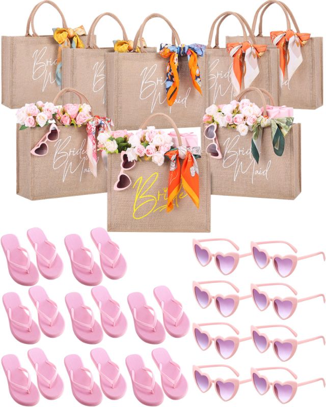 Photo 1 of Huhumy 32 Pcs Bridesmaid Gifts Set Include 8 Burlap Jute Bridesmaid Bride Tote Bag Gift Bags 8 Pink Slippers 8 Silk Feeling Scarf 8 Heart Pink Sunglasses for Bridal Shower Gift
