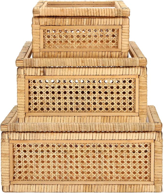 Photo 1 of Tatuo Modern Storage Box, Set of 3 Woven Cane and Rattan Display Boxes with Glass Lids - Large, Medium, Small - for Home Decor and Storage
