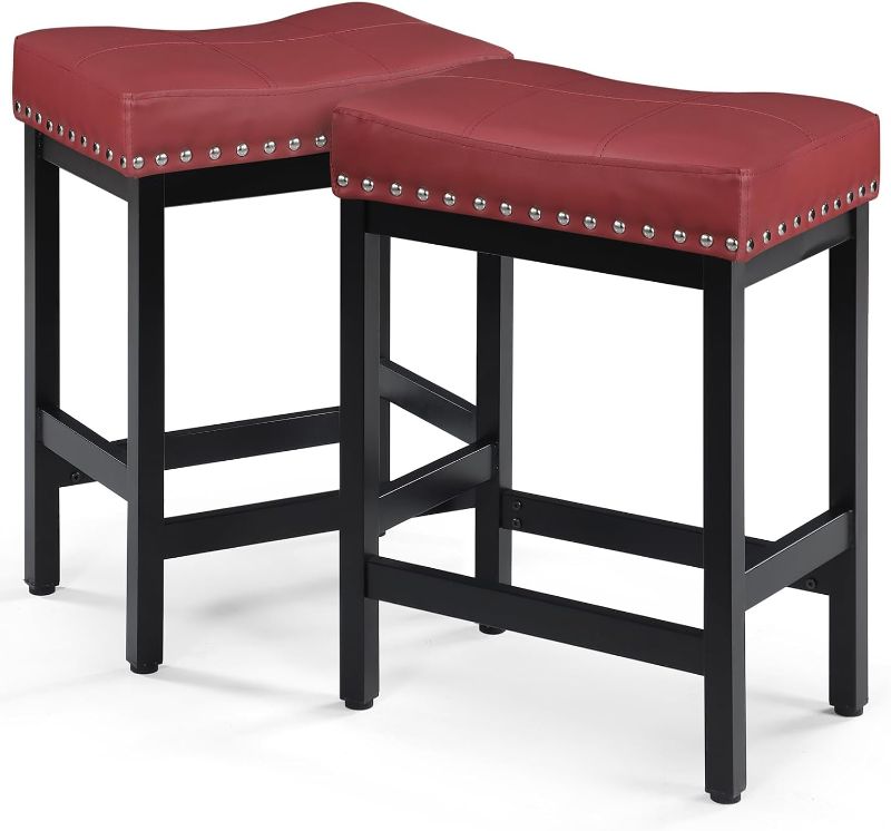 Photo 1 of OUllUO Bar Stools Set of 2,Counter Height Barstools, Saddle Bar Stool, 24 Inch Faux Red Leather Stools for Kitchen Island, Black Metal Frame,918PRD

