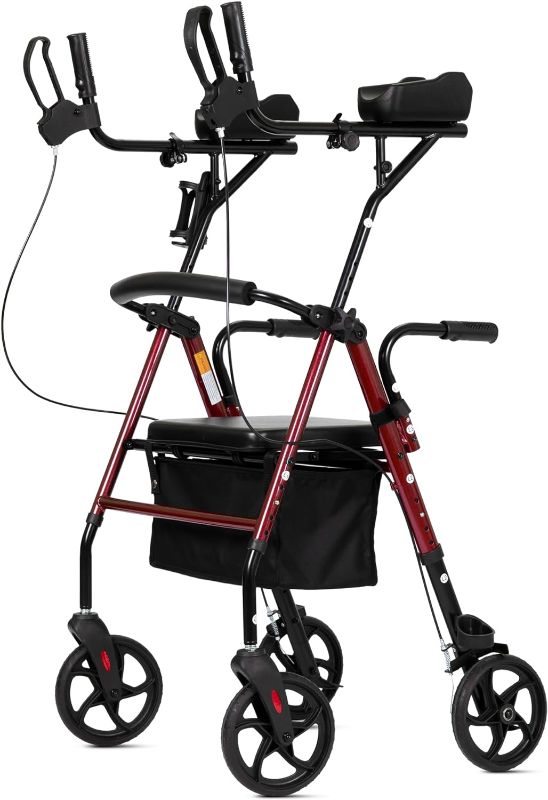 Photo 1 of ELENKER Upright Walker, Stand Up Rollator Walker with Padded Seat and Backrest, Lightweight, Compact Folding, Fully Adjustment Frame for Seniors, Red
