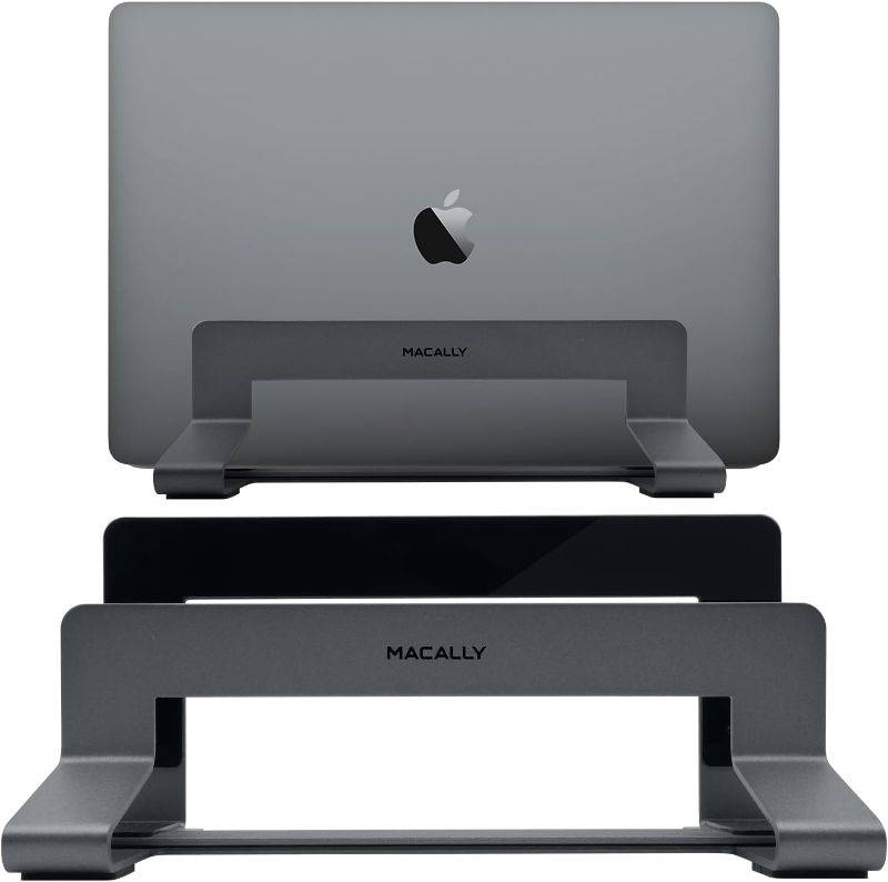 Photo 1 of Macally Vertical Laptop Stand for Desk - Adjustable Desk Laptop Holder for Universal Compatibility - Saves Space & Improves Airflow - Use as MacBook Stand Vertical Dock (Pro/Air) - Weighted Frame gray