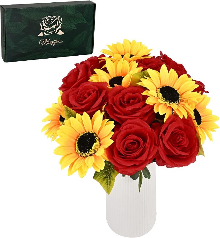 Photo 1 of Waipfaru 16 Pcs Fake Roses Sunflowers Artificial Flowers Bulk, Silk Red Roses Yellow Flowers Artificial with Long Stems for Outdoors Wedding Bouquet Vase Flower Arrangement Decoration
