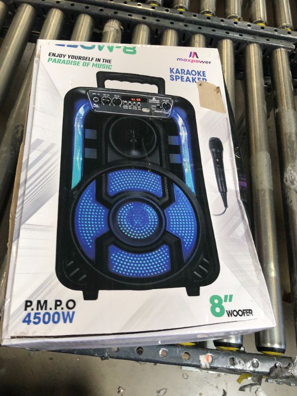 Photo 3 of Max Power Portable Speaker - MPD823 Bluetooth Speaker System - High Powered PA Loudspeaker - Rechargeable Karaoke Machine with Multi LED Lights, Wired Microphone and Built-in Carry Handle & FM Radio