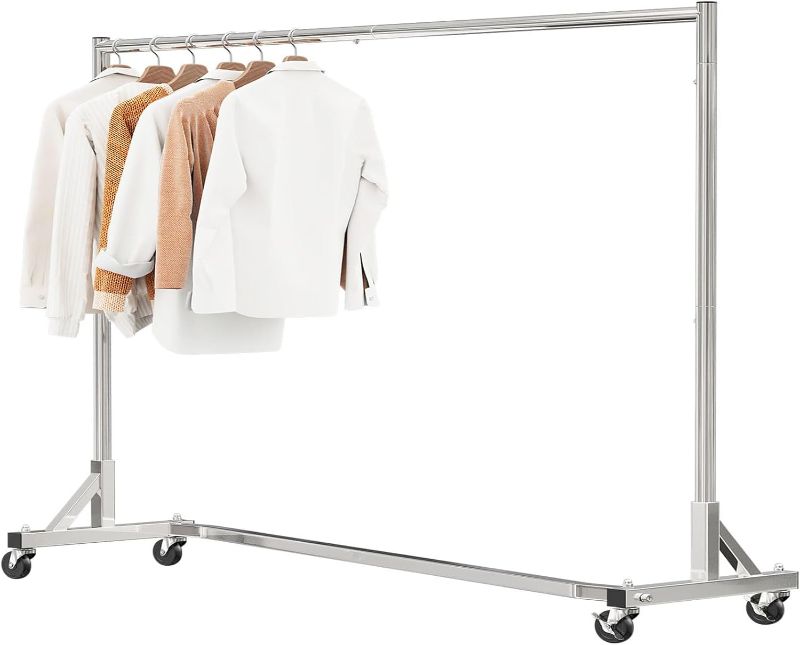 Photo 1 of Simple Trending Industrial Grade Z-Base 70in extra long Clothes Garment Rack, Commercial Grade Rolling Clothing Rack, Heavy Duty 600lb Load with Wheels, Chrome.
