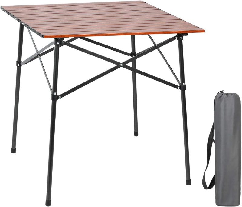 Photo 1 of PORTAL Lightweight Aluminum Folding Square Table Roll Up Top 4 People Compact Table with Carry Bag for Camping, Picnic, Backyards, BBQ, Brown
