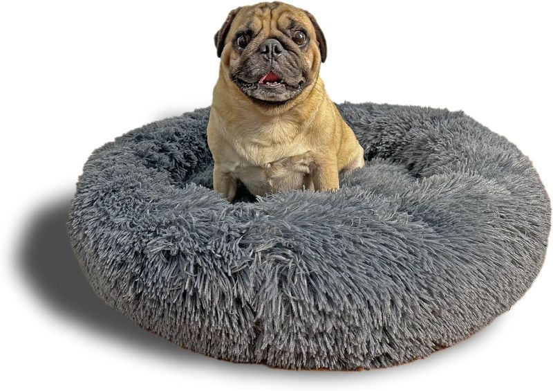 Photo 1 of Calming Pet Bed - Round Fluppy Washable Medium Bed for Dogs - Non-Slip Bottom, Faux Fur Cat Bed, Grey
