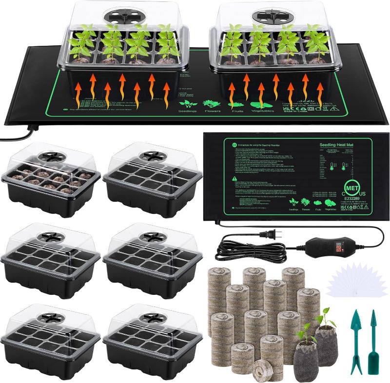 Photo 1 of 6 Pack Seed Starter Tray Kit with 72 Peat Pellets and Seedling Heat Mat Germination Trays with Humidity Dome and Base Plastic Plant Growing Trays for Outdoor Indoor Plant Propagation, Black
