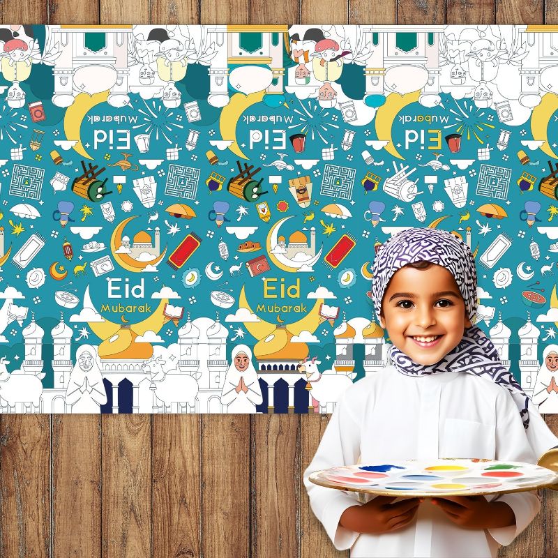 Photo 1 of 1PC Eid Mubarak Giant Coloring Poster/Tablecloth - Moon Star Latern Crafts for Kids - 108 x 54 Inches Jumbo Paper Coloring Table cover Kids Gifts Activities Toys Party Classroom Eid Decorations
