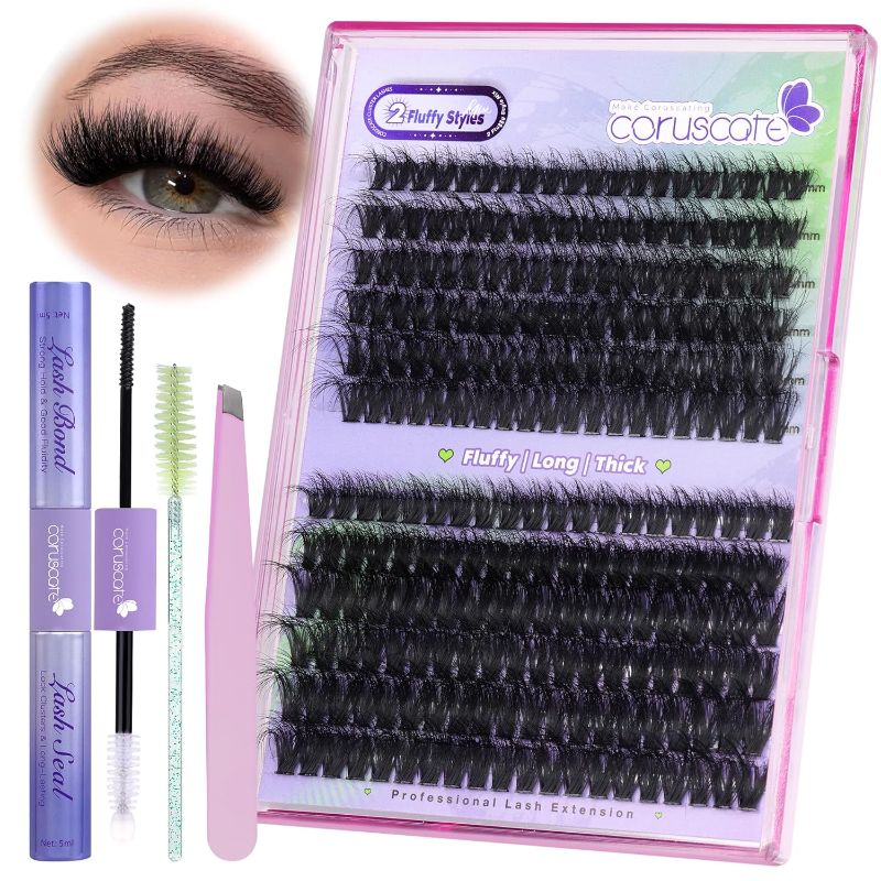 Photo 1 of Fluffy Lash Extension Kit Thick Eyelash Extension Kit 60D80D Long Lash Clusters Kit 12-18mm Soft Mink Lashes Volume Individual Lashes with Lash Bond and Seal Lash Tweezers for DIY at Home by CORUSCATE
