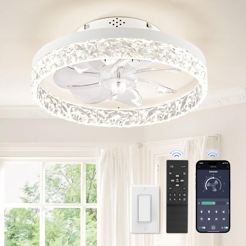 Photo 1 of ZMISHIBO Ceiling Fans with Lights, Low Profile Ceiling Fan with Light and Remote, Flush Mount Ceiling Fan, Reversible, Dimmable, Noiseless, 15.7 inch Small Ceiling Fans for Bedroom, Indoor Use - White 15.7-White