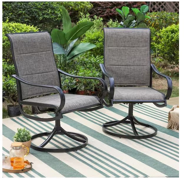 Photo 1 of Black Swivel Padded Textilene Metal Outdoor Dining Chair with Curve Arms (2-Pack)

