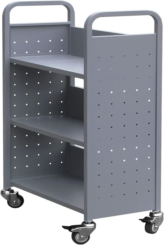 Photo 1 of H&A Library Rolling Book Cart with 3 Flat Shelves, Book Truck with Swivel Lockable Casters for Home Shelves Office and School Book Truck in Grey
