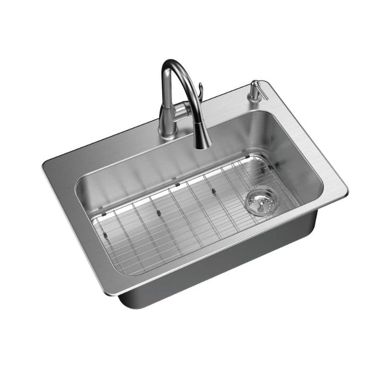 Photo 1 of Glacier Bay All-in-1-Drop-in/Undermount 18G Stainless Steel 33 in. Single Bowl Kitchen Sink with Right Drain with Pull-Down Faucet, Silver

