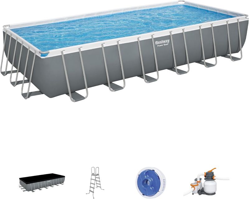 Photo 1 of Bestway Power Steel 24' x 12' x 52" Rectangular Metal Frame Above Ground Swimming Pool Set with 1500 GPH Sand Filter Pump, Ladder, and Pool Cover

