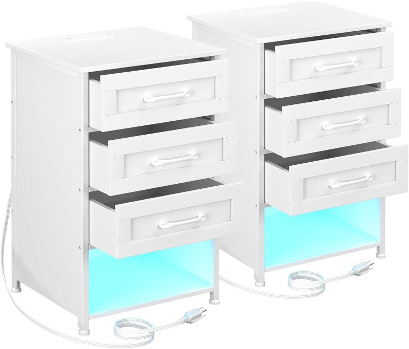 Photo 1 of Night Stand Set 2, with Charging Station and LED Light Strip, End Tables Living Room, White Nightstand Set of 2 with 3 Wood Drawers for Bedroom HNS053WT
