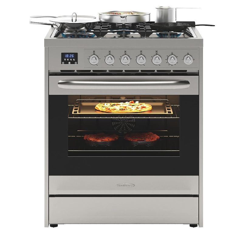 Photo 1 of KoolMore KM-FR30G-SS 30” Inch Professional Gas Range Stove with 5 Burner Cooktop, Rapid Convection Oven, and Digital Timer with Heavy-Duty Cast Iron Grates, Stainless-Steel Appliance, 30 Inch, Silver
