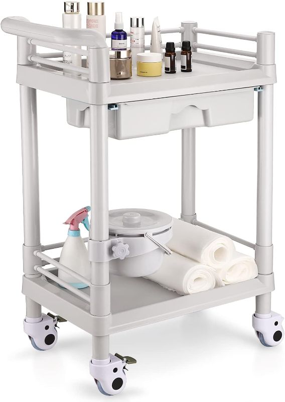 Photo 1 of Noverlife Rolling Utility Cart, 2-Tier Medical Mobile Trolley Cart w/Drawer, Load 132Lbs, Large Storage Beauty Salon Trolley Cart with Bucket, Mobile Facial Salon Storage Cart for Spa Beauty Salon
