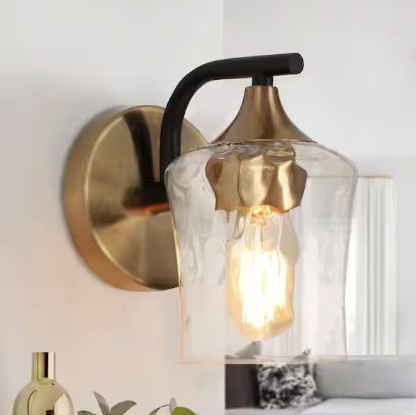 Photo 1 of Jallie Classic 1-Light Brass Gold Water Glass Wall Sconce, Contemporary Cylinder Vanity Light Black Wall Light

