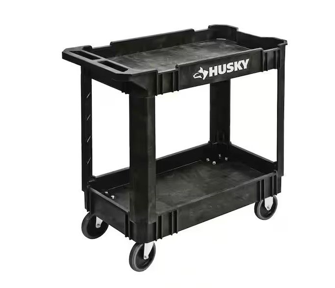 Photo 1 of HUSKY 2-Tier Plastic 4-Wheeled Service Cart in Black
