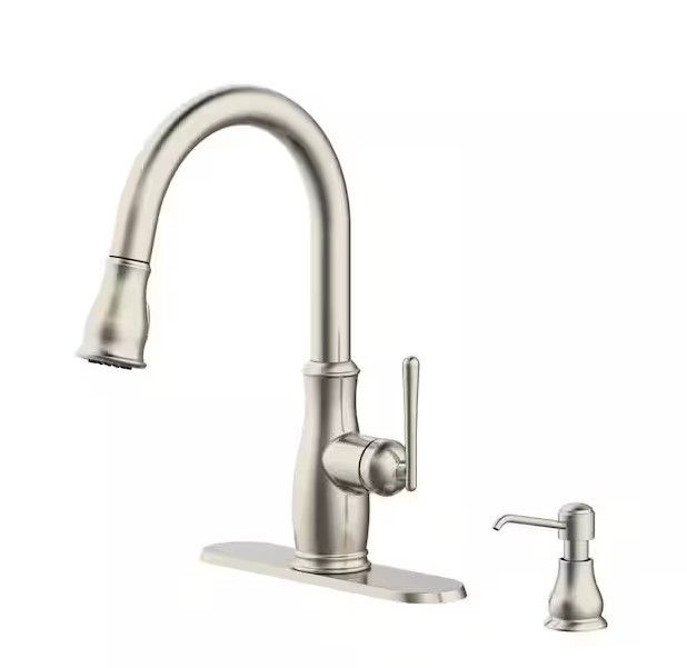 Photo 1 of Kagan Single-Handle Pull-Down Sprayer Kitchen Faucet with soap dispenser in Stainless Steel

