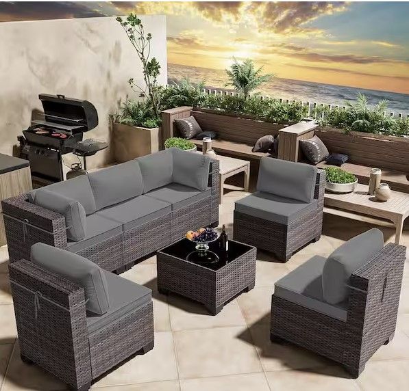 Photo 1 of HALMUZ 7-Piece Wicker Outdoor Sectional Set with Cushion Gray
