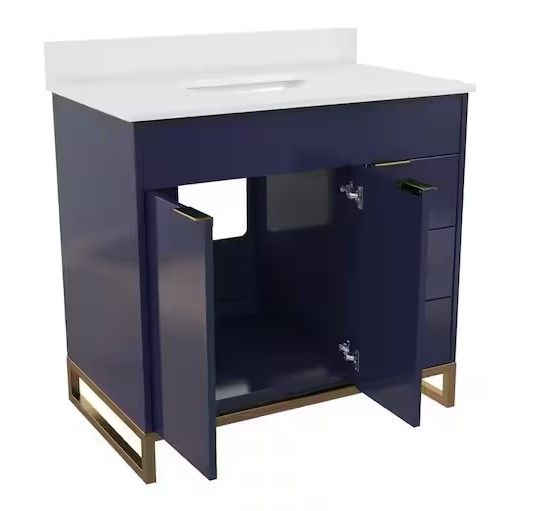Photo 1 of Leona 40 in. W x 22 in. D x 38 in. H Single Sink Bath Vanity in Navy Blue with White Engineered Stone Composite Top
