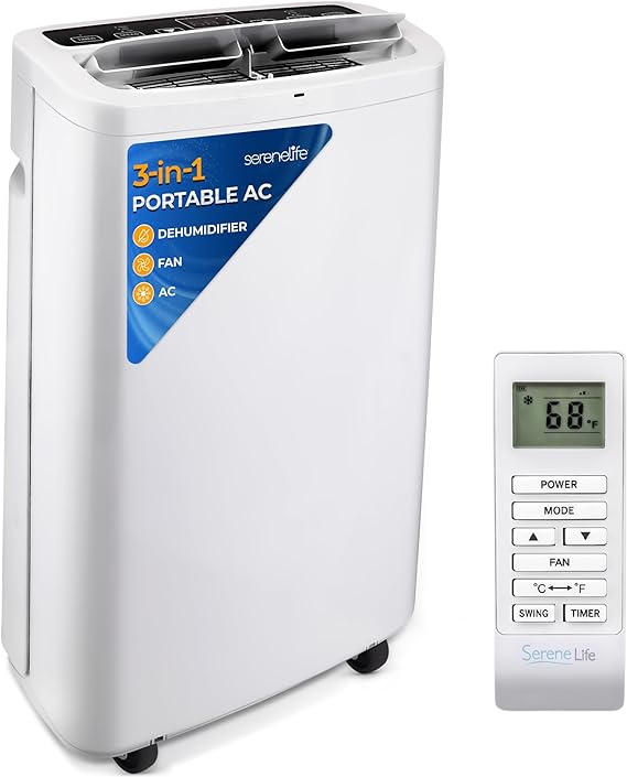 Photo 1 of SereneLife SLPAC14 SLPAC 3-in-1 Portable Air Conditioner with Built-in Dehumidifier Function,Fan Mode, Remote Control, Complete Window Mount Exhaust Kit, 14,000 BTU, White White 14,000 BTU Air Conditioner