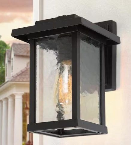 Photo 1 of 1-Light Black Modern Farmhouse Outdoor Wall Lantern Sconce with Water Glass Shade
