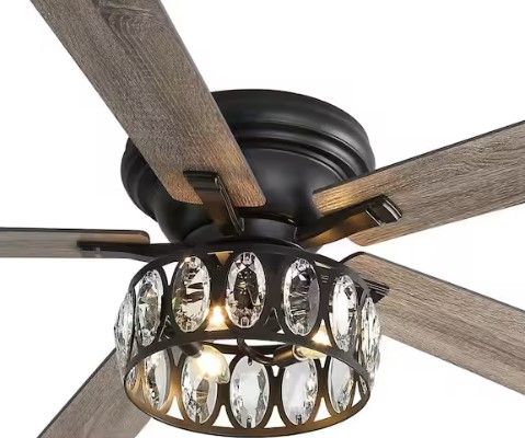 Photo 1 of Jemore 52 in. Indoor Flush Mounted Black Crystal Ceiling Fan with Light Kit and Remote Control Included
